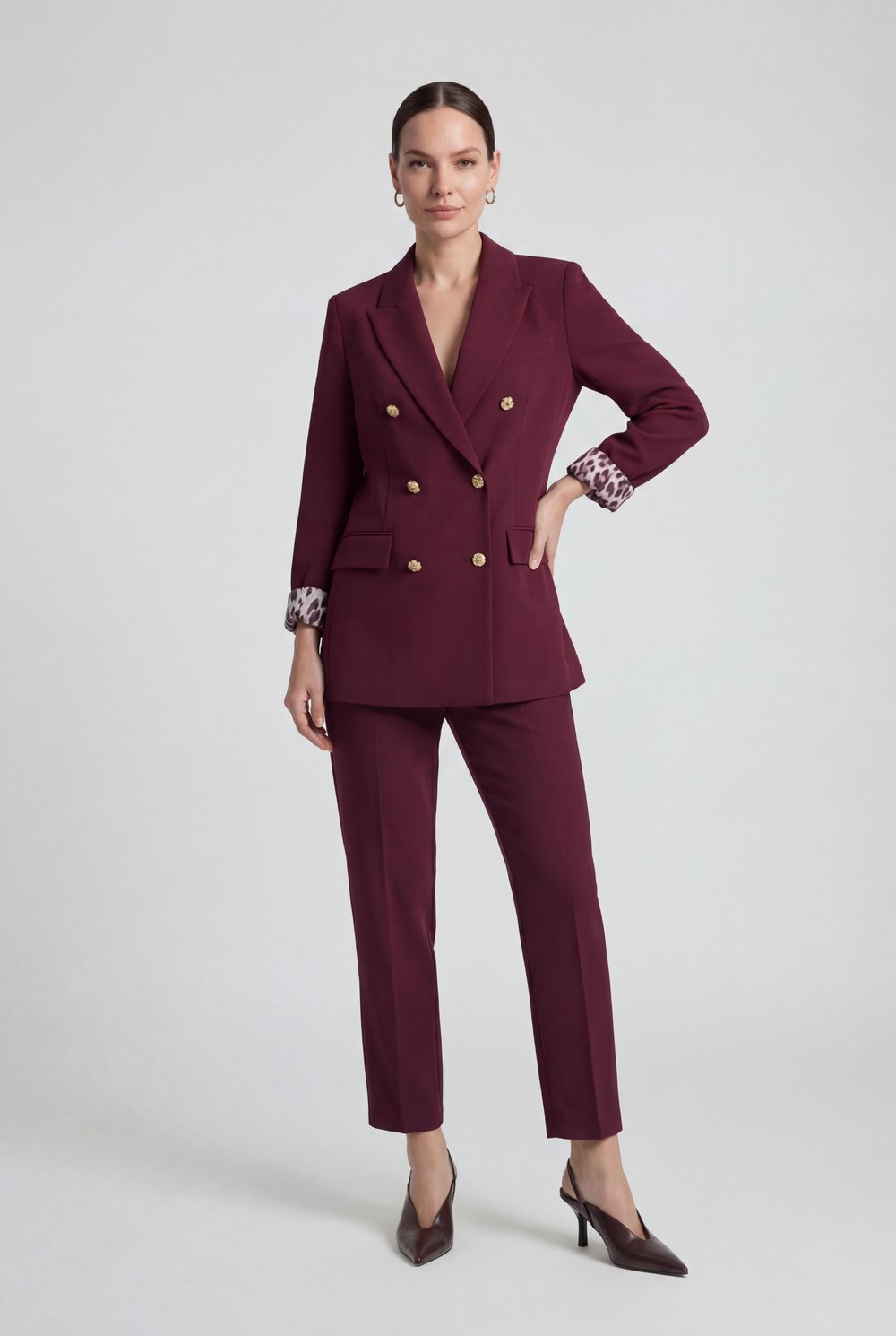 Bordo-ML58029 Leopar Astarlı Kruvaze Blazer