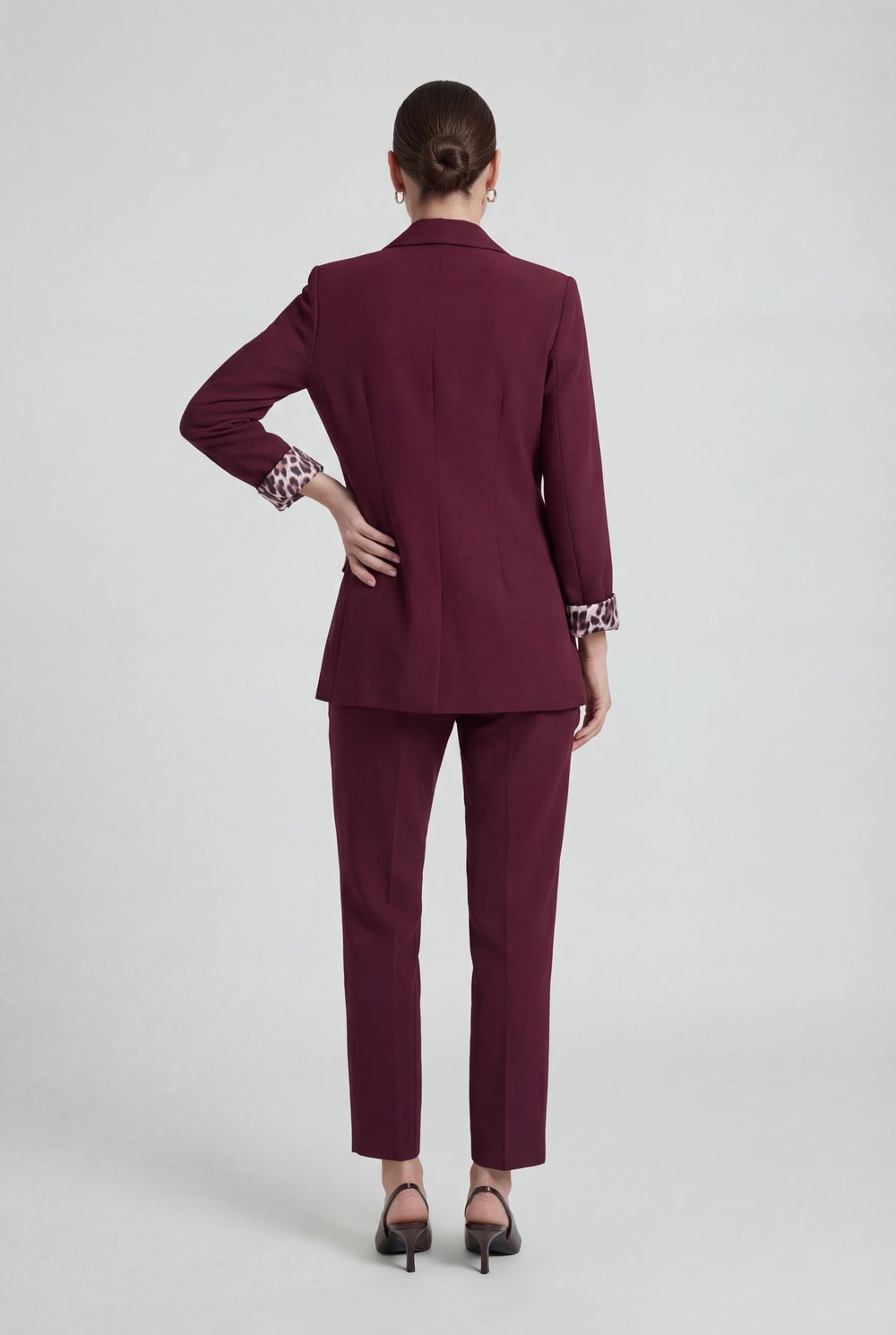 Bordo-ML58029 Leopar Astarlı Kruvaze Blazer