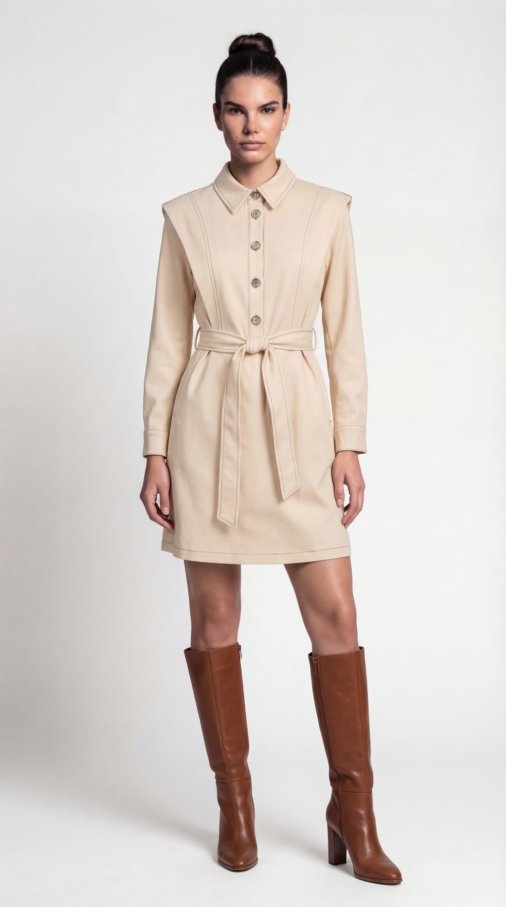 Krem-ML18033 Dikiş Detaylı Uzun Kol Elbise