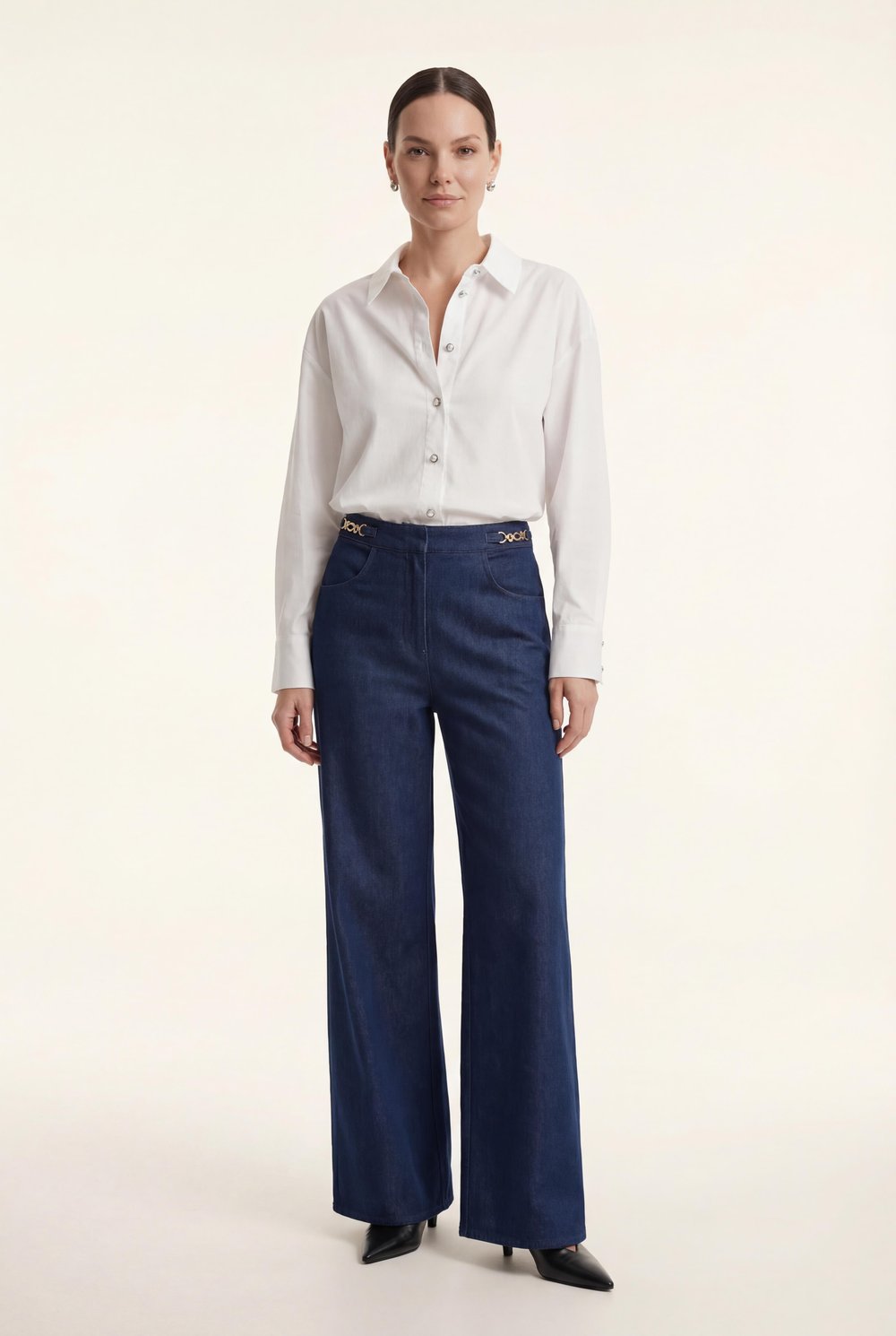 Lacivert-ML48005 Zincir Detaylı Bol Kesim Denim Pantolon