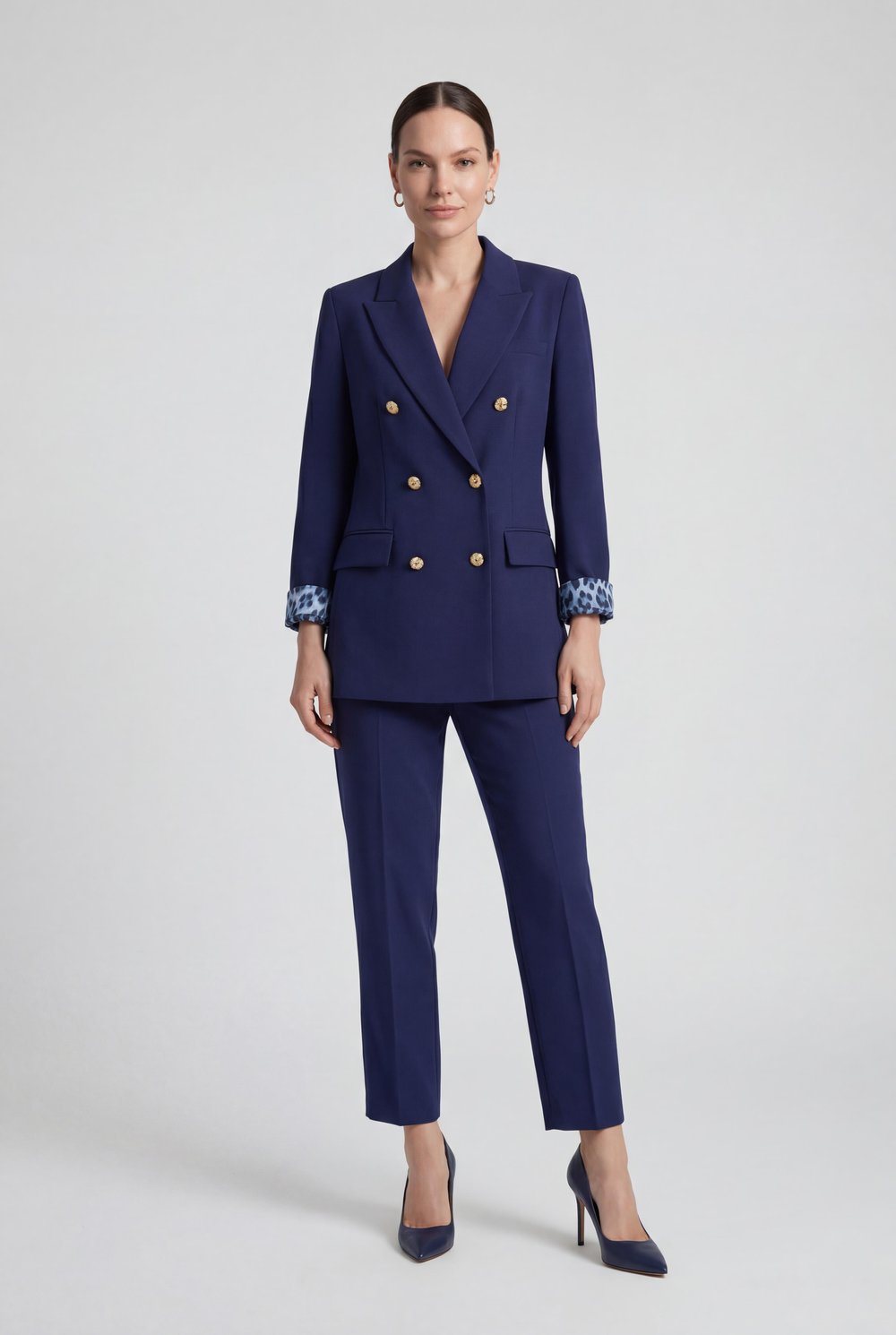 Lacivert-ML58029 Leopar Astarlı Kruvaze Blazer