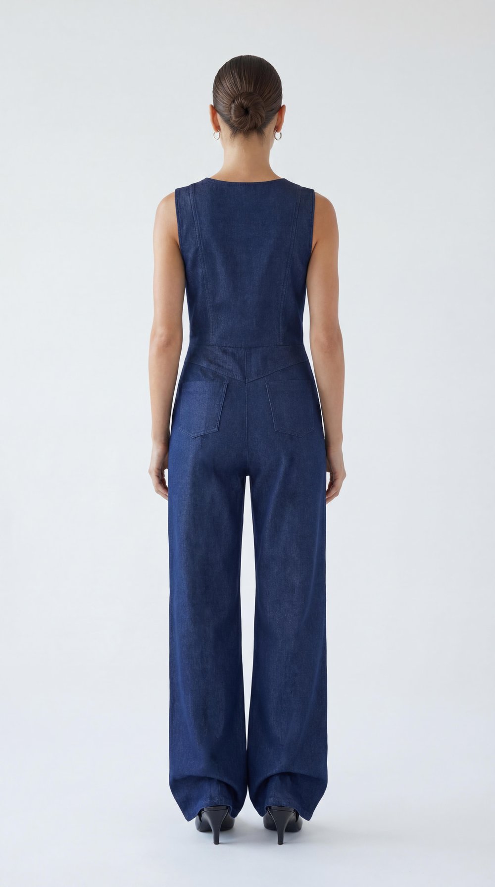Lacivert-ML88001 Önden Fermuarlı Kolsuz Denim Tulum