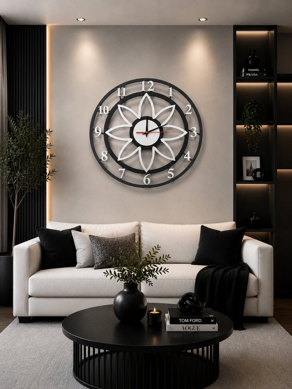 Floral Style Siyah-Silver Dekoratif Duvar Saati - Sessiz Mekanizma