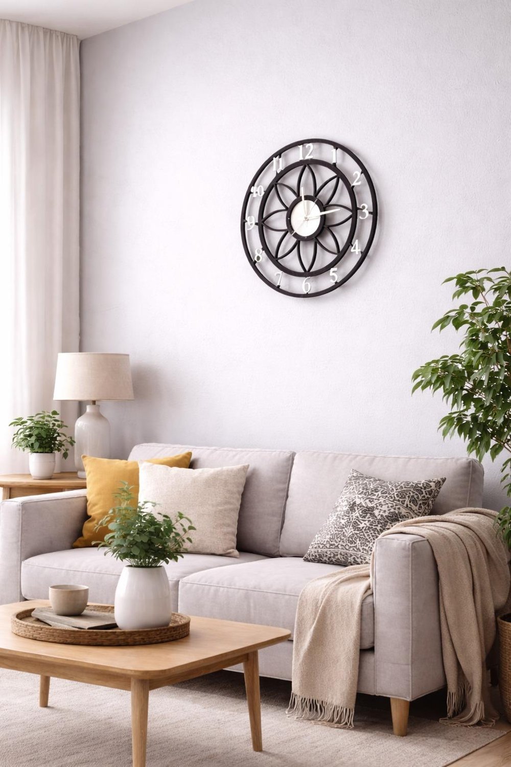 Floral Style Siyah-Gümüş Dekoratif Duvar Saati - Sessiz Mekanizma