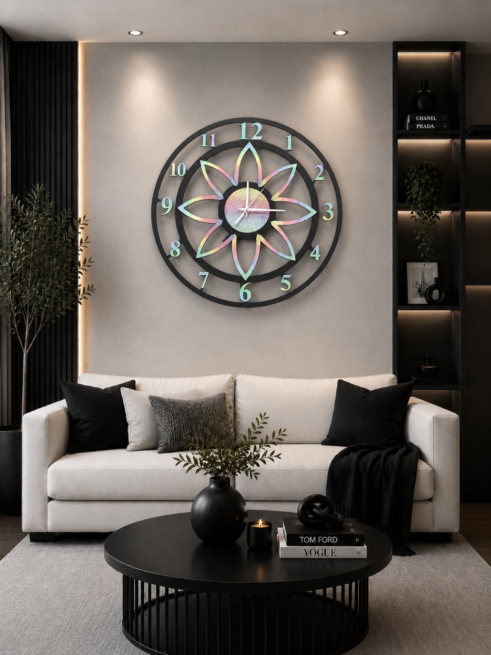 Floral Style Siyah-Rainbow Parıltılı Dekoratif Duvar Saati - Sessiz Mekanizma