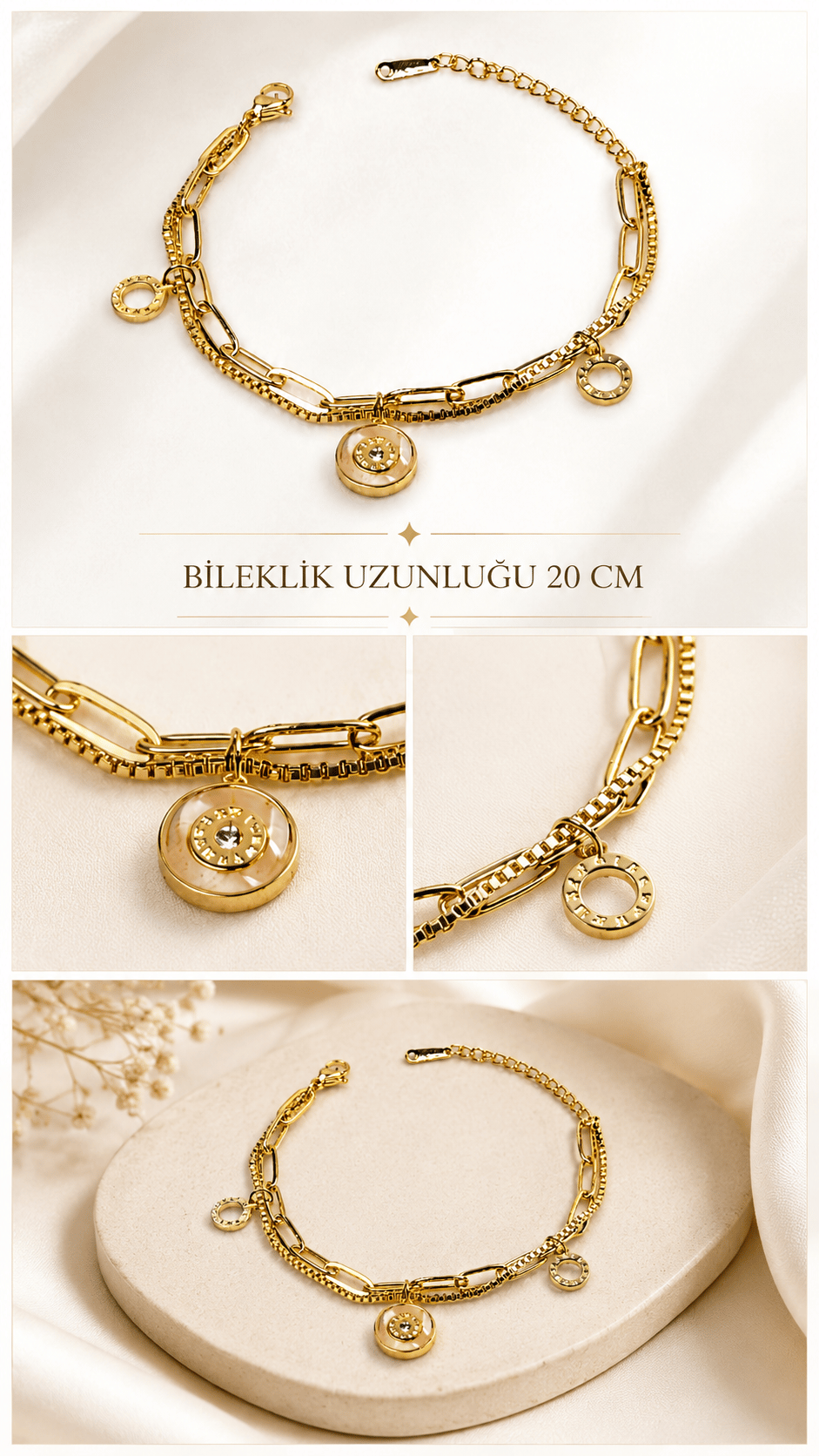 Kadın Gold Renk Çoklu Zincir Detaylı Yuvarlak Çelik Bileklik