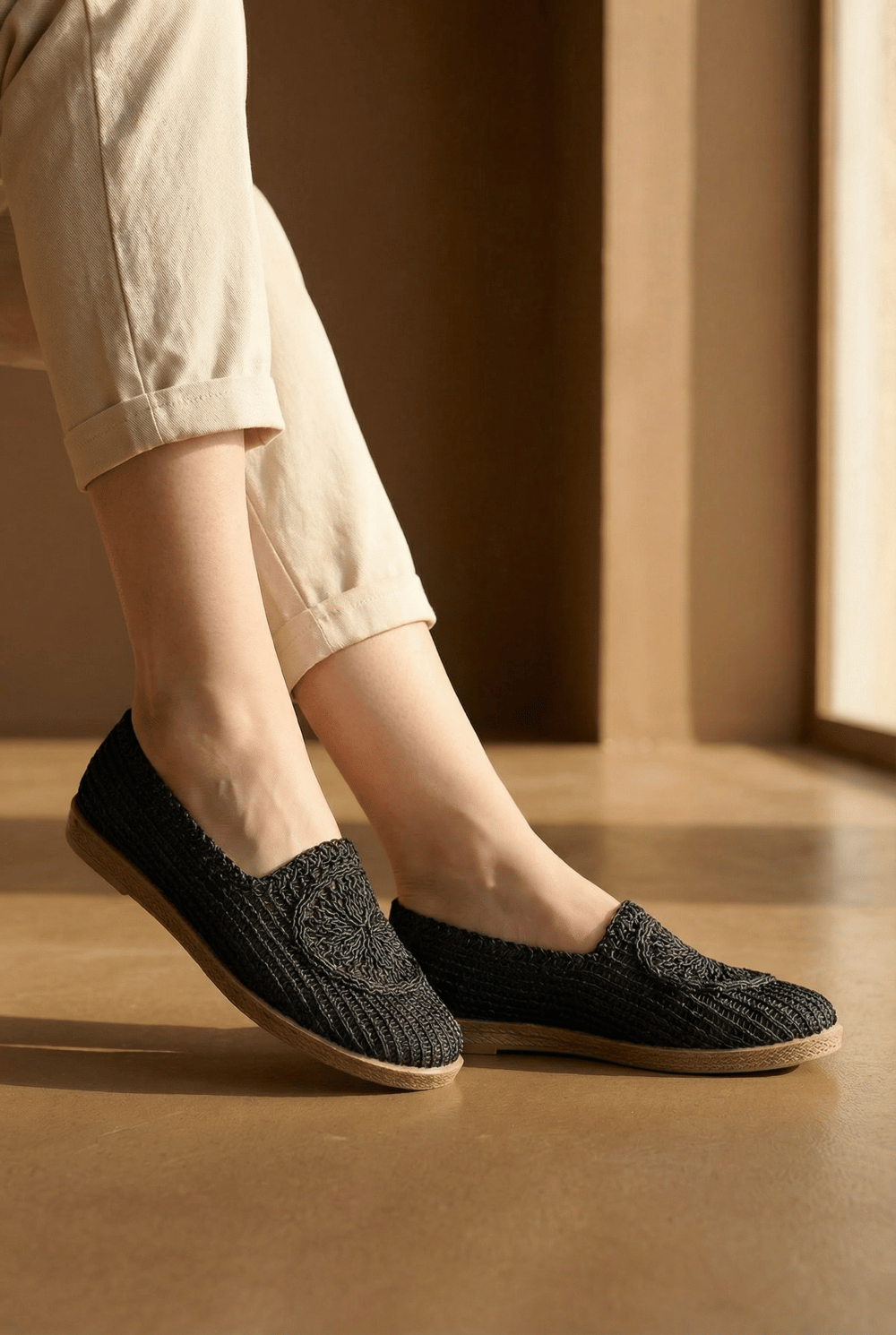 Kadın Siyah Örgü Günlük Rahat Şık Yazlık Düz Taban Babet Ayakkabı
