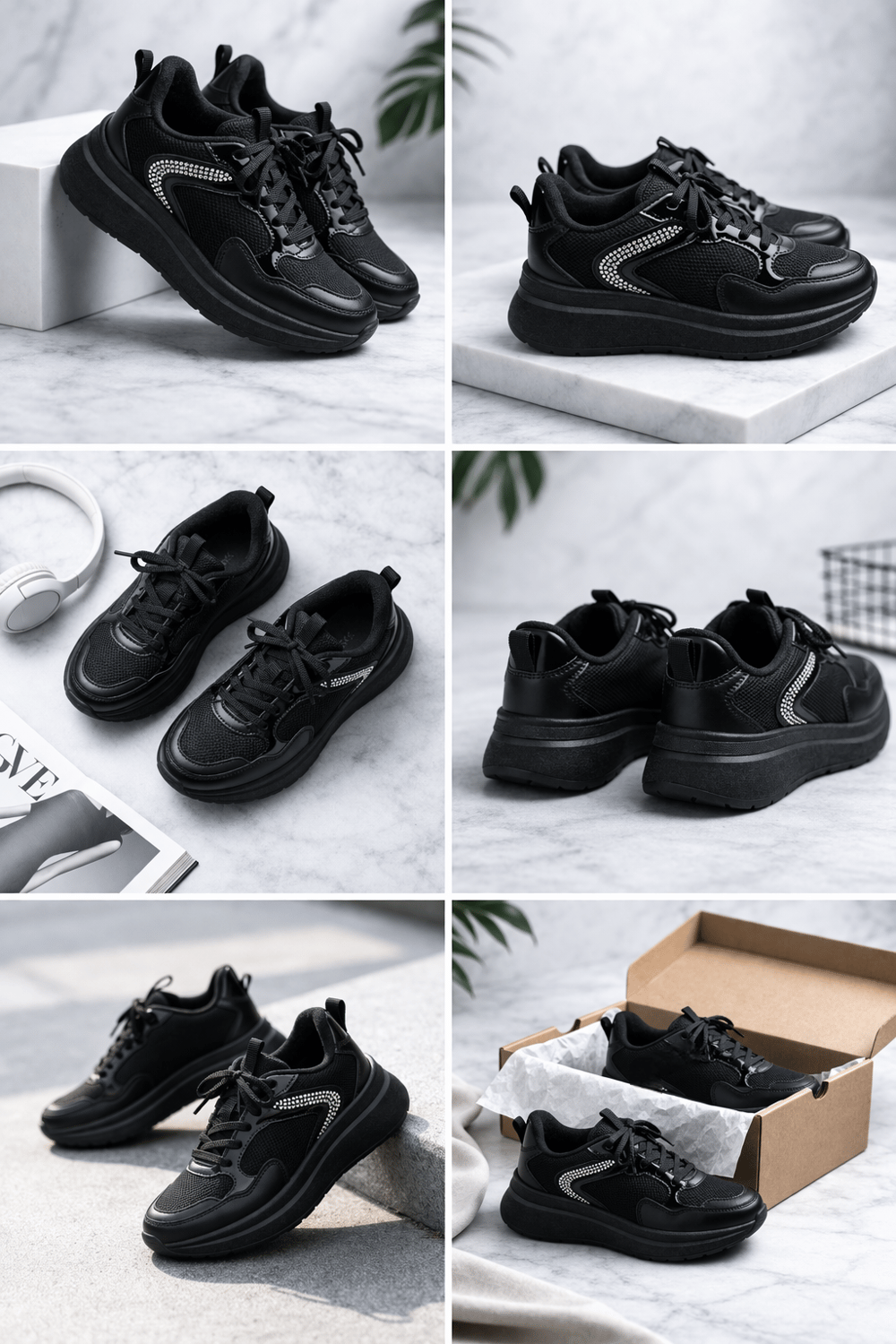 Kadın Siyah Taş Detaylı Kalın Taban Bağcıklı Sneaker Spor Ayakkabı