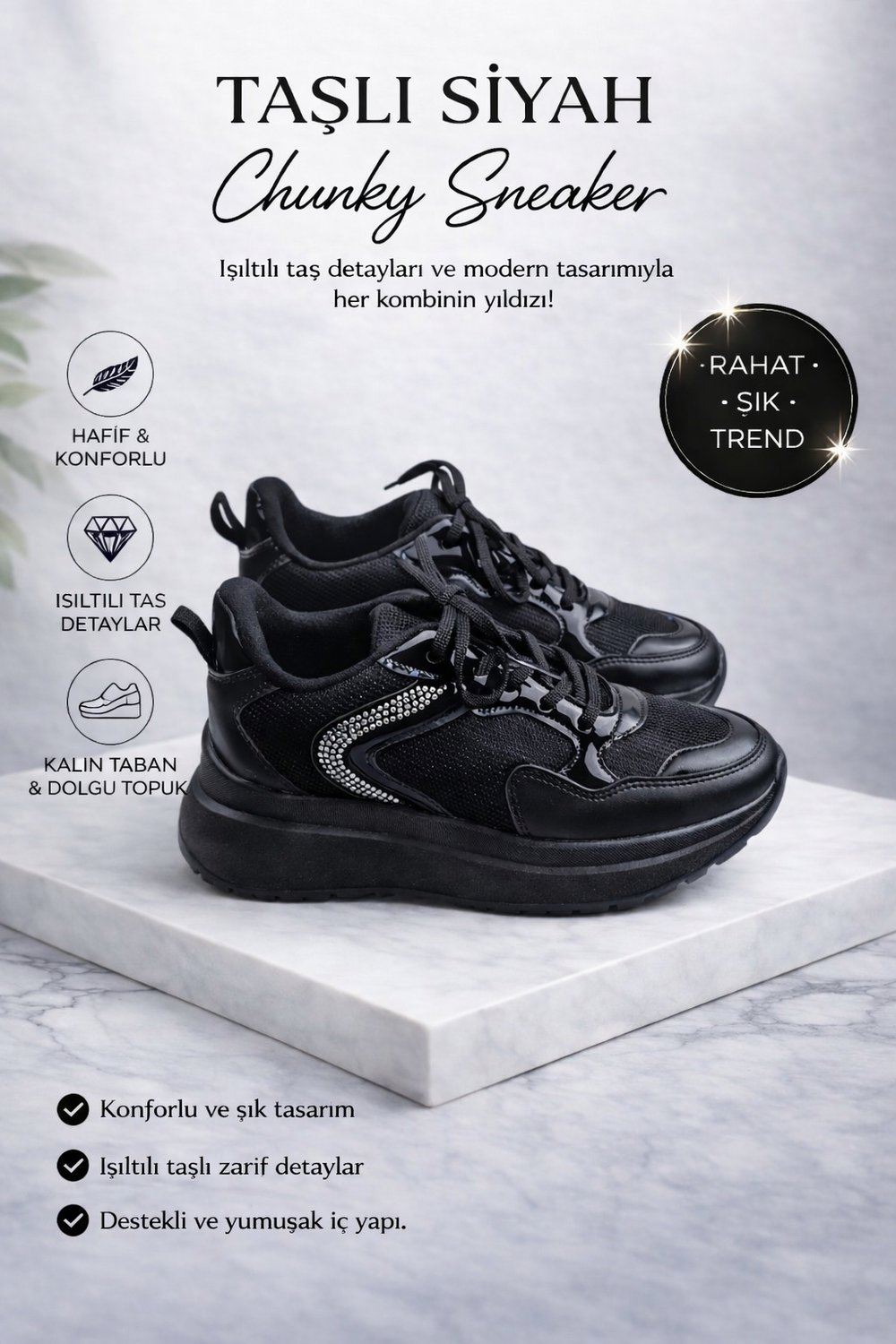 Kadın Siyah Taş Detaylı Kalın Taban Bağcıklı Sneaker Spor Ayakkabı
