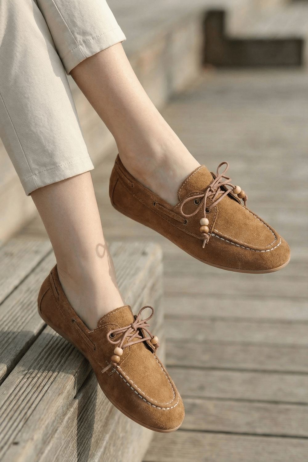 Kadın Taba Süet Görünümlü Bağcıklı Günlük Düz Loafer Ayakkabı