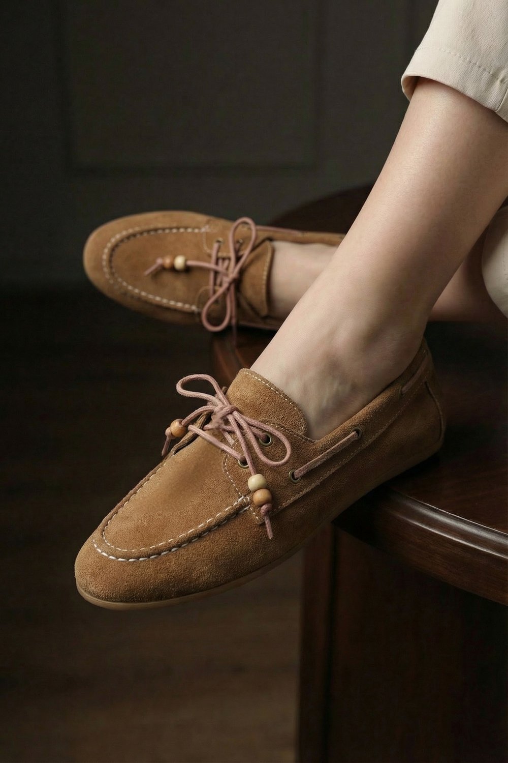 Kadın Taba Süet Görünümlü Bağcıklı Günlük Düz Loafer Ayakkabı