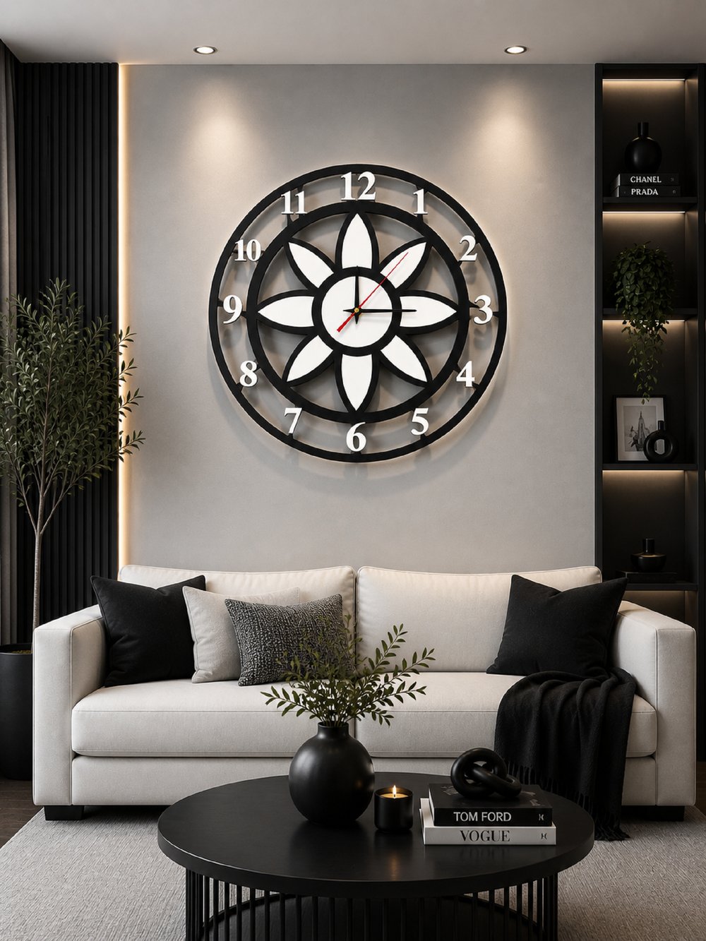 Modern Lotus Desenli Siyah-Beyaz Dekoratif Duvar Saati - Sessiz Mekanizma
