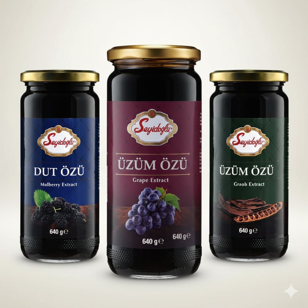 Seyidoğlu Doğal Özler Paketi – Dut Özü + Üzüm Özü + Keçiboynuzu Özü (3x640 g)