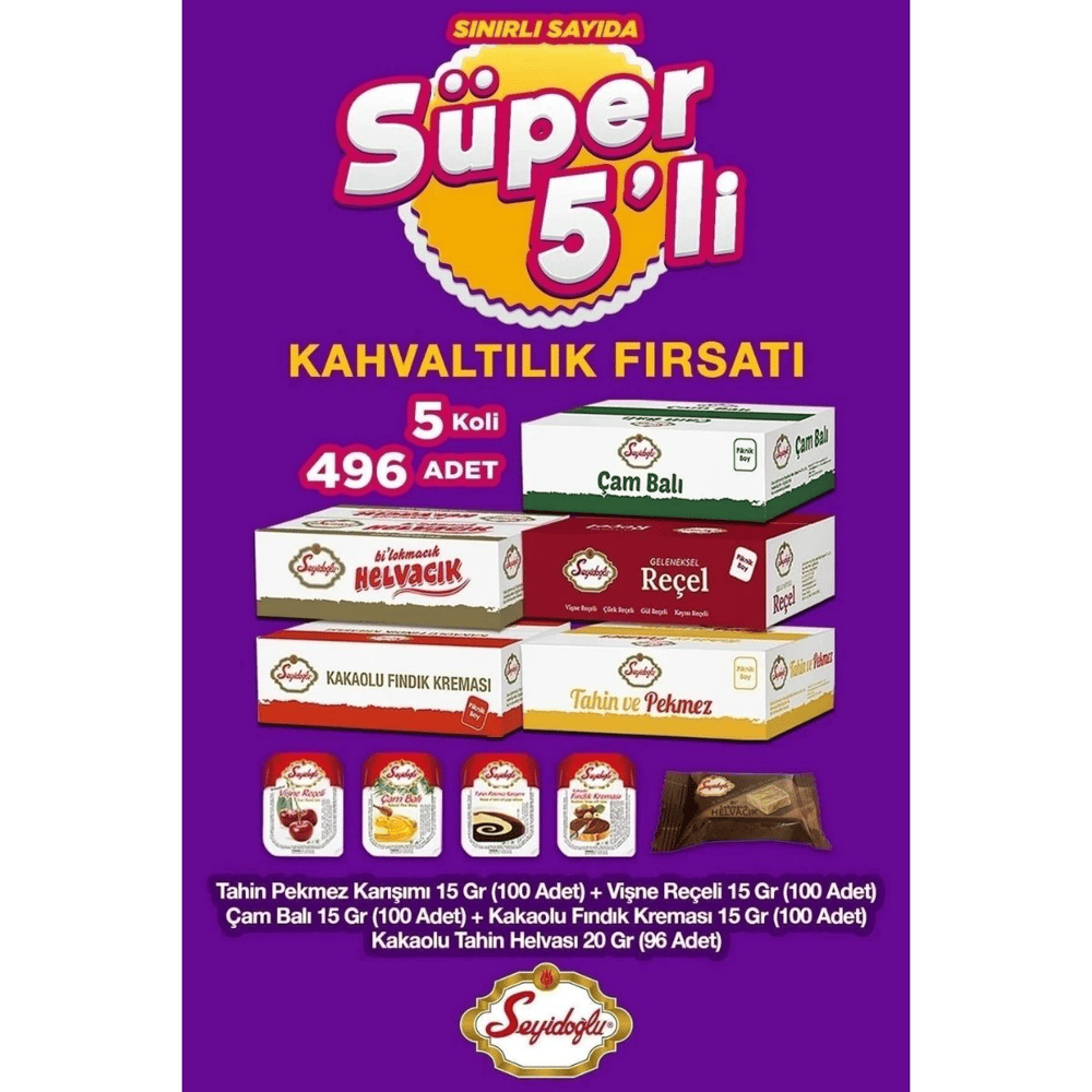 Seyidoğlu Kahvaltı Seti – Çam Balı, Kakaolu Fındık Kreması, Vişne Reçeli, Tahin Helva ve Tahin Pekmez Karışımı