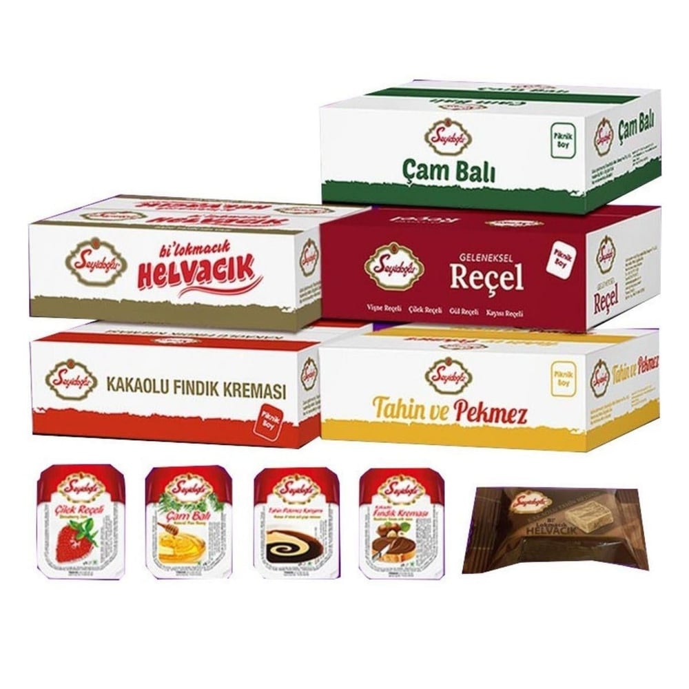 Seyidoğlu Kahvaltılık Mini Paket Seti – Çam Balı, Fındık Kreması, Çilek Reçeli, Kakaolu Helva, Tahin Pekmez