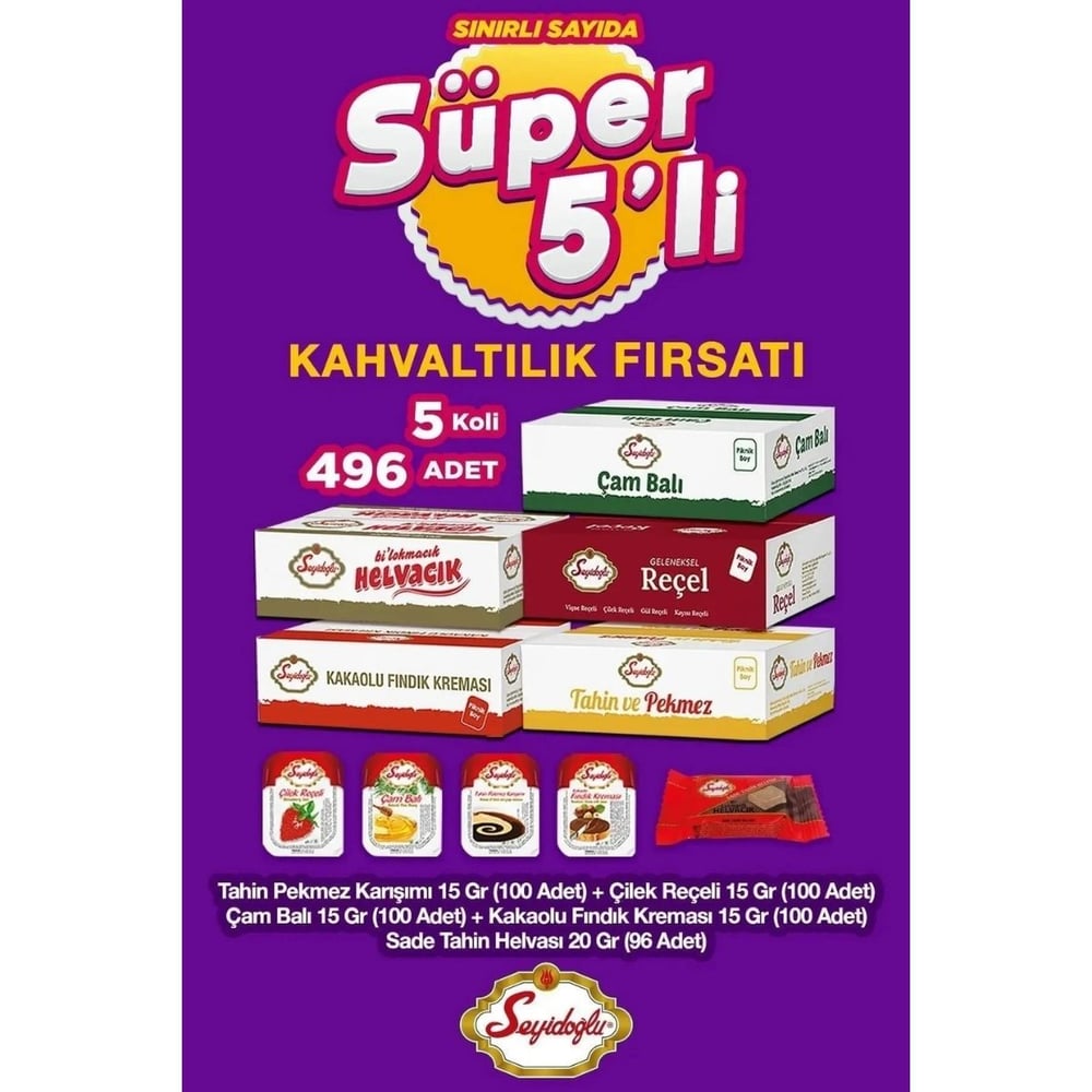 Seyidoğlu Kahvaltılık Tek Kullanımlık Set – Çam Balı, Fındık Kreması, Çilek Reçeli, Tahin Pekmez, Helva