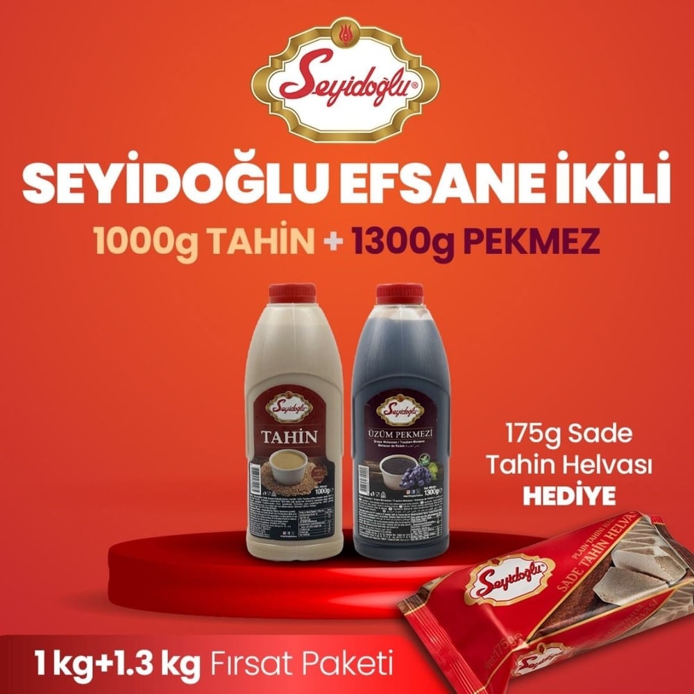 Seyidoğlu Süper İkili – Doğal Enerji Paketi (1 kg Tahin + 1300 g Üzüm Pekmezi)