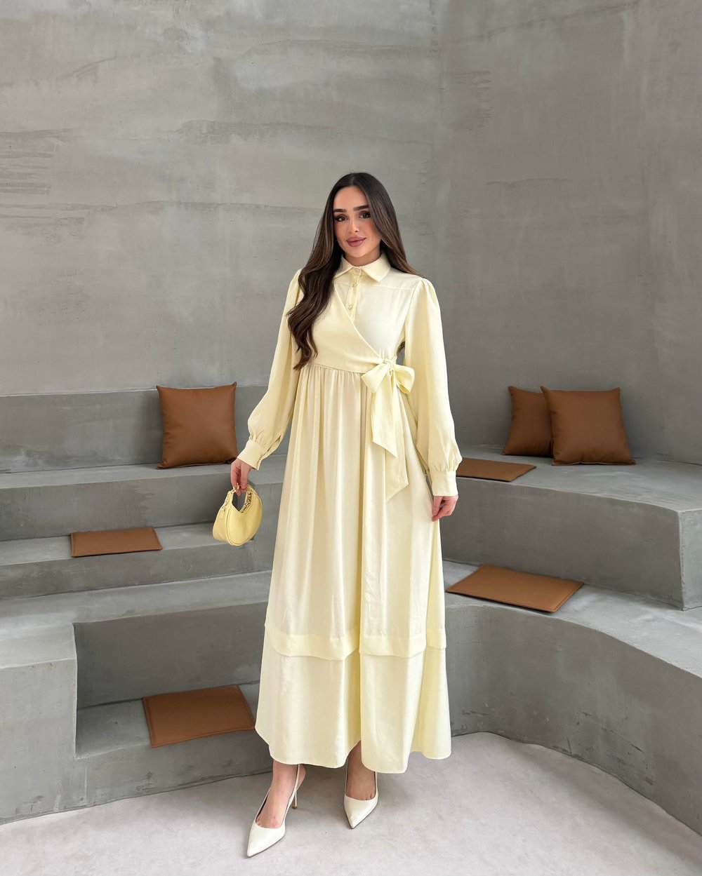 SL4208 - YANDAN BAĞLAMALI ELBİSE - PASTEL SARI