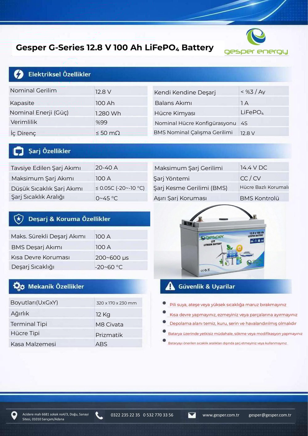 Gesper Energy 12V-100Ah LiFePO4 Batarya