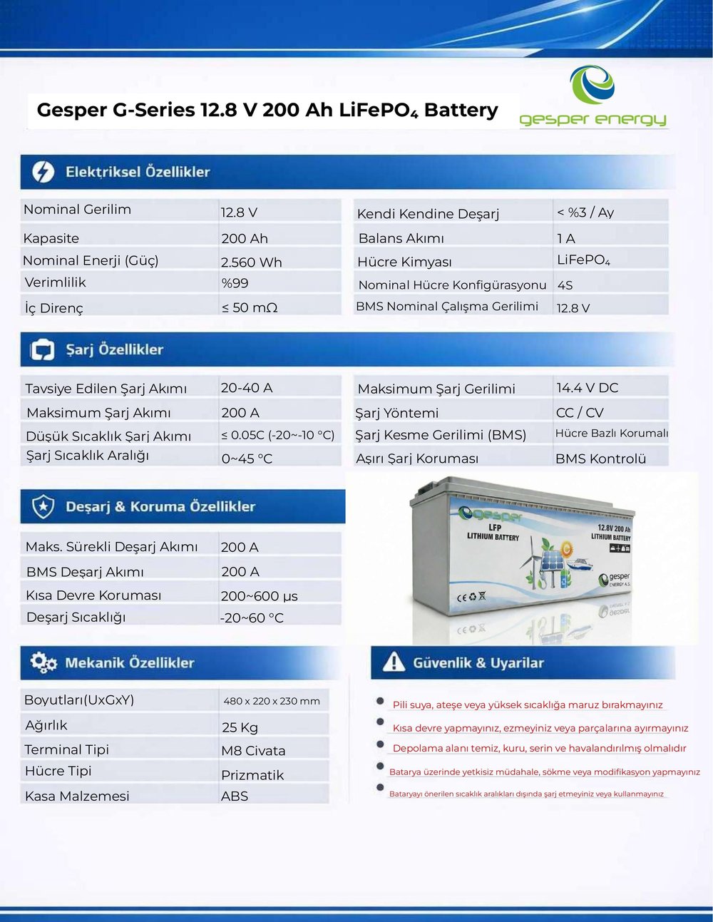 Gesper Energy 12V 200Ah LiFePO4 Batarya