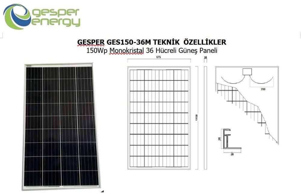 Gesper Energy 150W Watt Monokristal Güneş Paneli 12V 36 Hücre