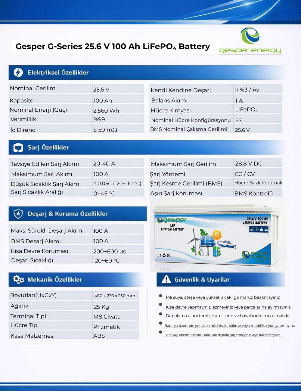 Gesper Energy 24V 100Ah LiFePO4 Batarya