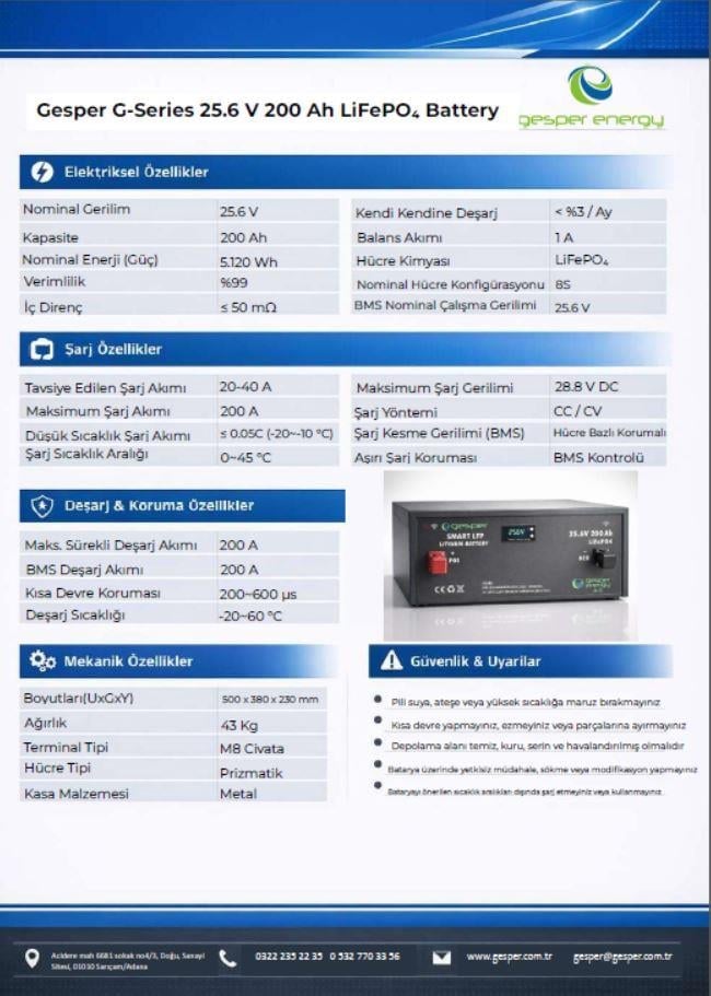 Gesper Energy 24V 200Ah LiFePO4 Batarya