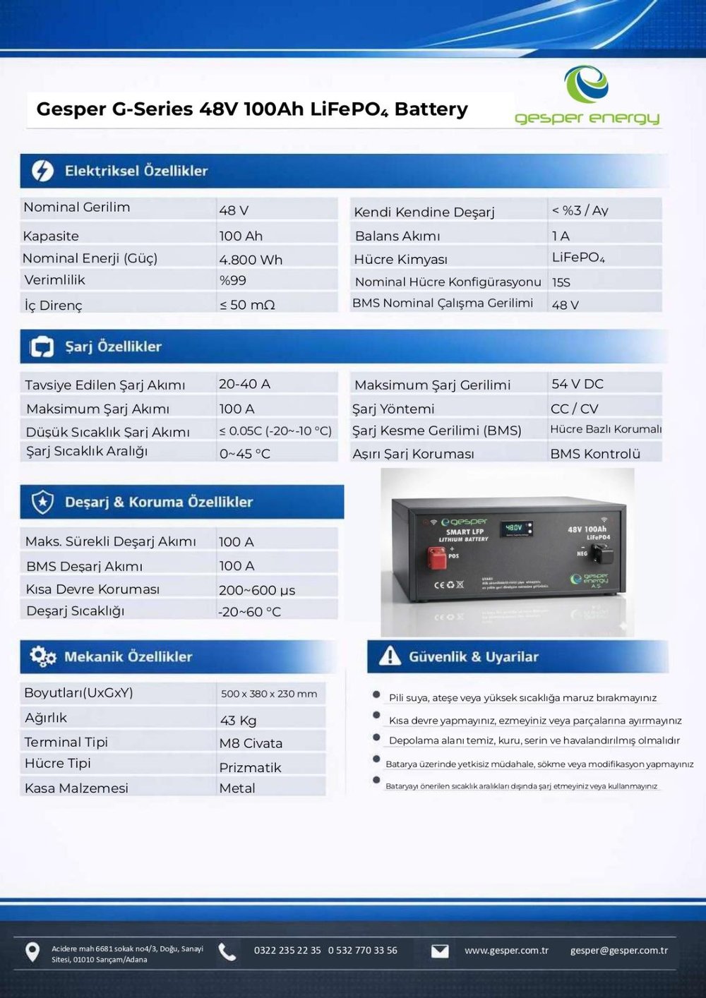 Gesper Energy 48V 100Ah LiFePO4 Batarya