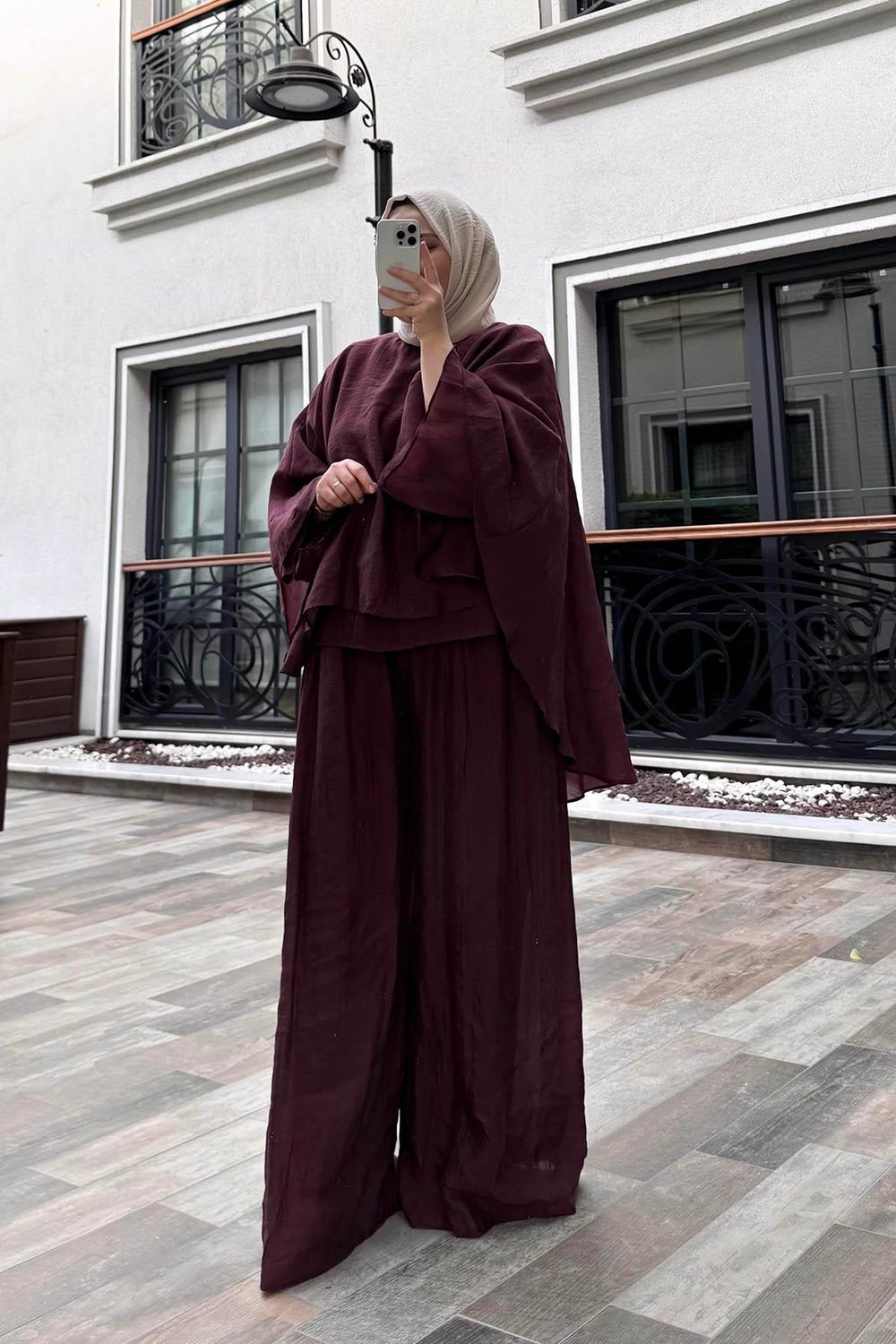 Tül Modal Pantolonlu Takım Bordo