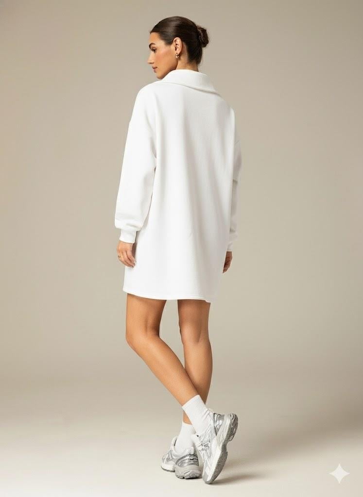 3 İplik Şardonlu Beyaz Oversize Fermuarlı Tunik Sweatshirt - Günlük Spor Elbise