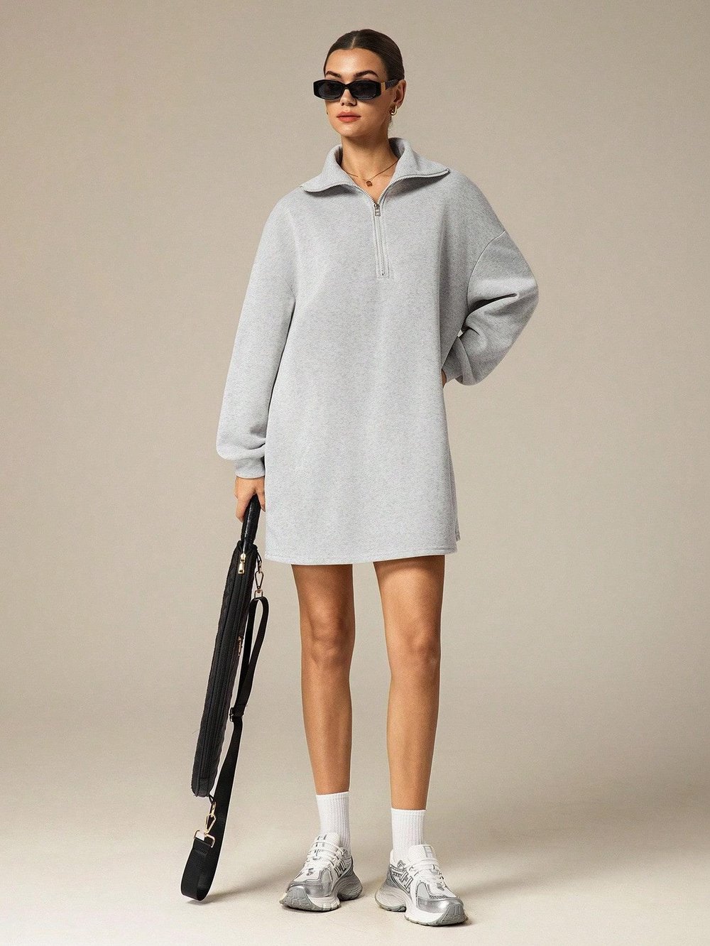 3 İplik Şardonlu Gri Oversize Fermuarlı Tunik Sweatshirt - Günlük Spor Elbise