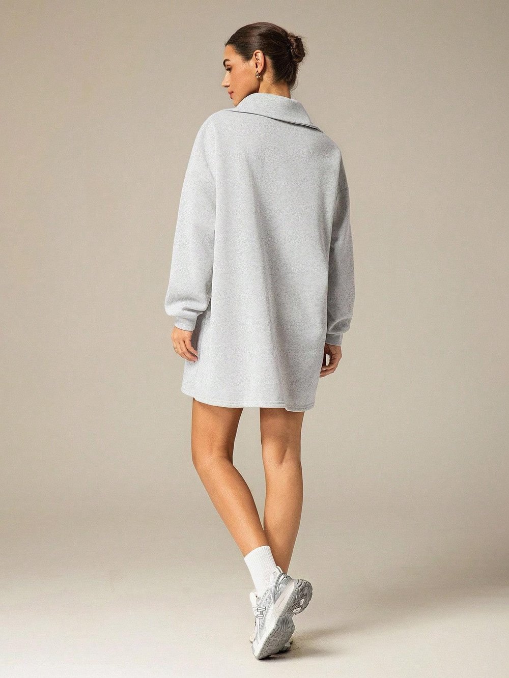 3 İplik Şardonlu Gri Oversize Fermuarlı Tunik Sweatshirt - Günlük Spor Elbise