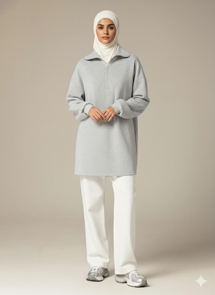 3 İplik Şardonlu Gri Oversize Fermuarlı Tunik Sweatshirt - Günlük Spor Elbise