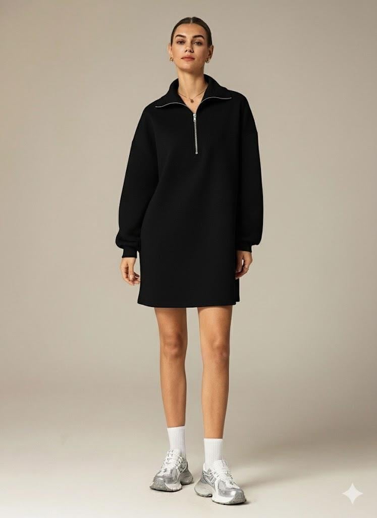 3 İplik Şardonlu Siyah Oversize Fermuarlı Tunik Sweatshirt - Günlük Spor Elbise
