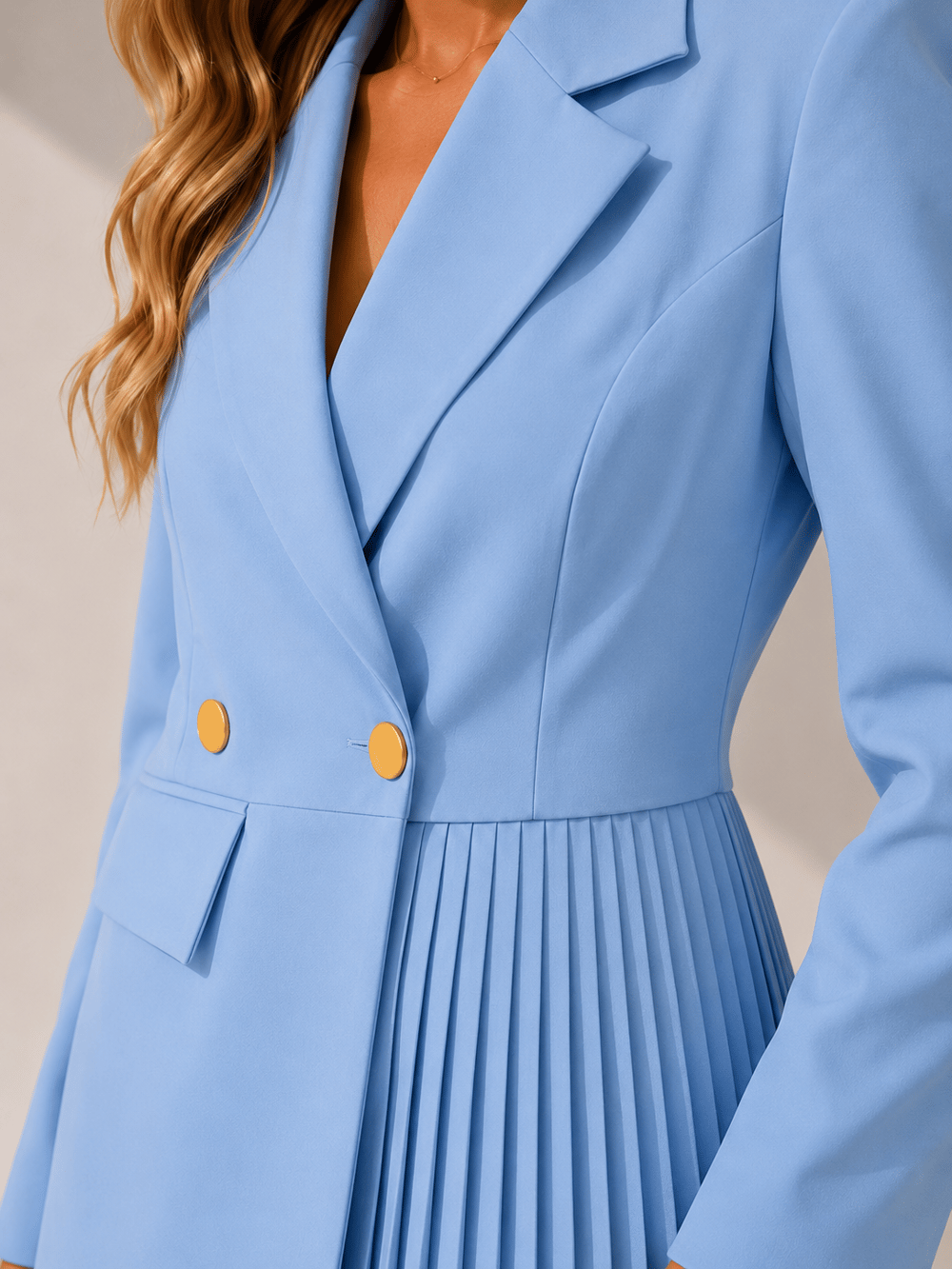 Açık Mavi Kadın Plise Detaylı Blazer Ceket Pantolon Takım – Şık Ofis ve Davet Kombini
