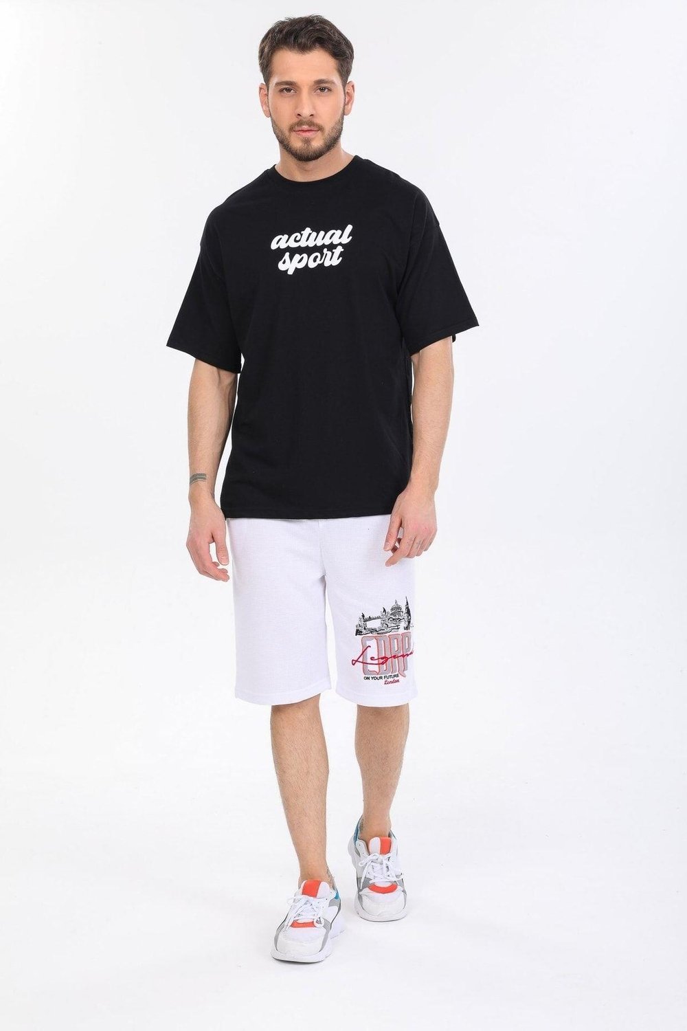 Oversize Actual Sport Yazılı Siyah T-shirt