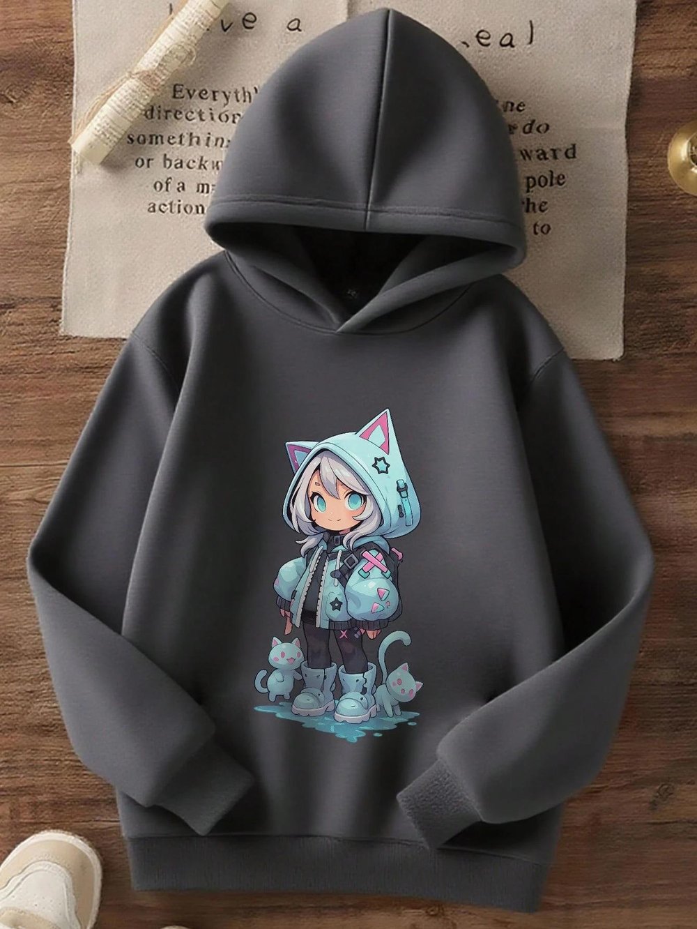 Anime Kedi Kız ve Kedi Baskılı Rahat Kesim Çocuk Sweatshirt