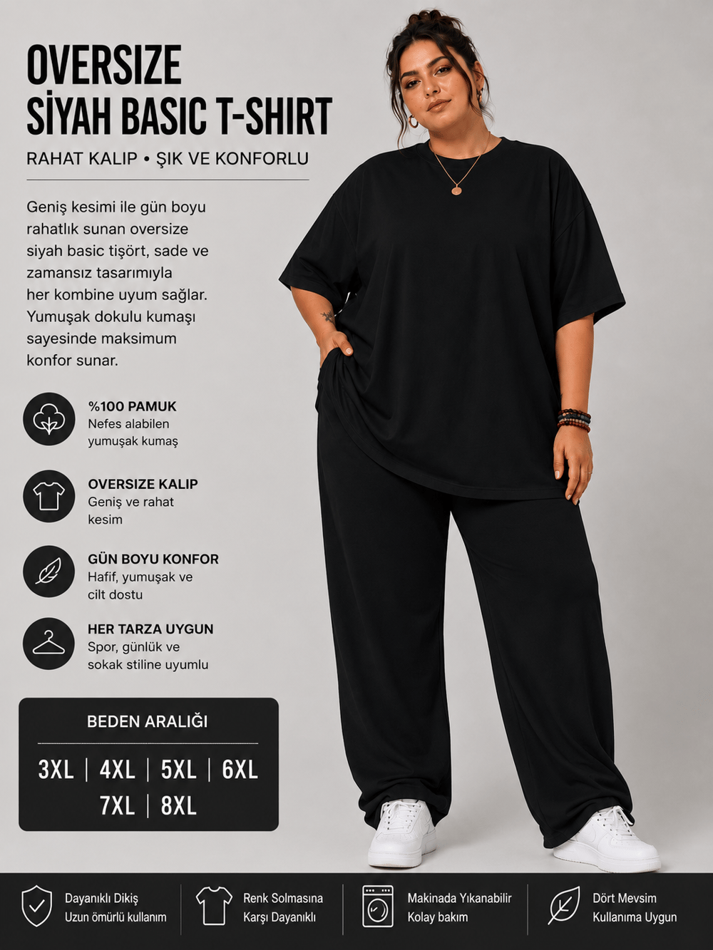 Battal Beden Oversize Siyah Basic T-Shirt – Rahat Kalıp %100 Pamuk Kadın Tişört