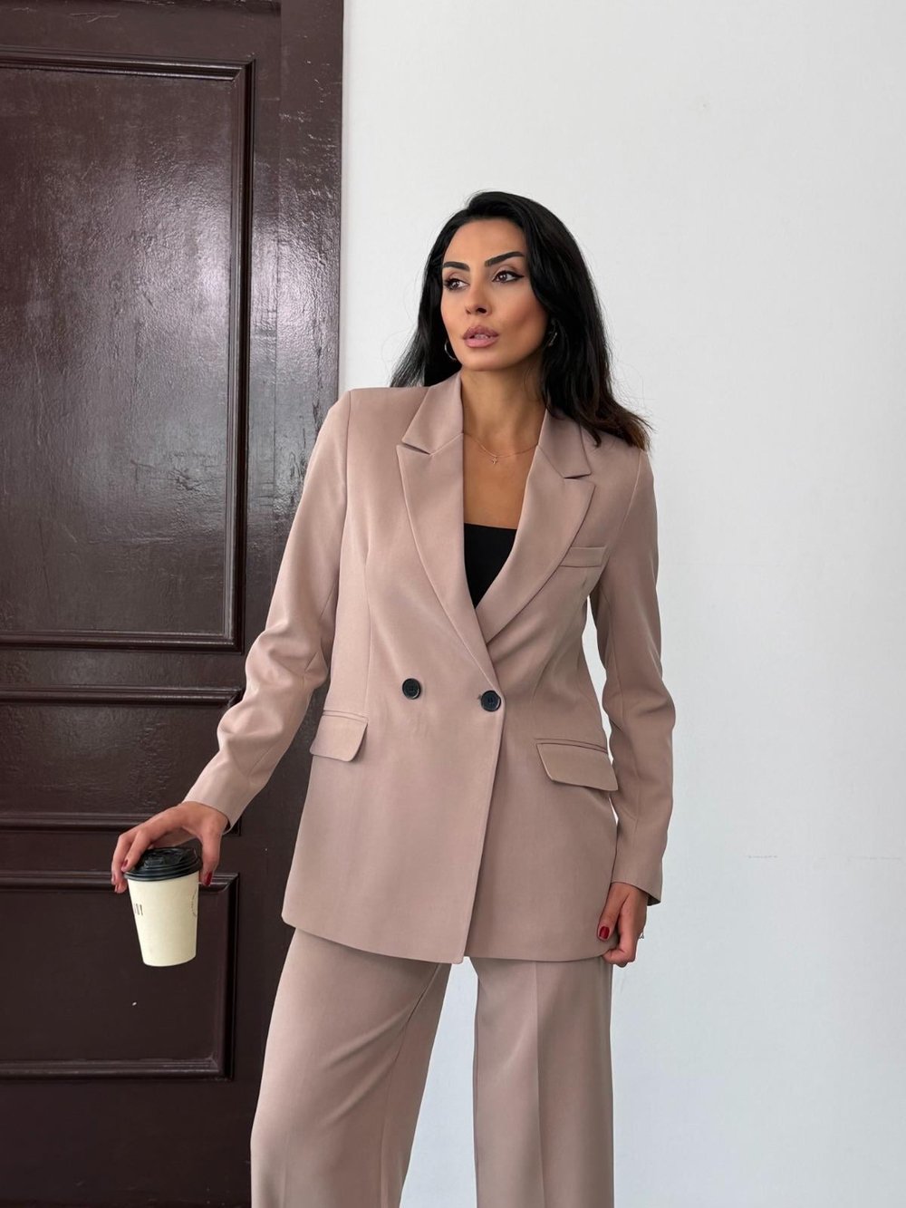 Bej Kadın Polly Viscon Takım – 1. Sınıf Kumaş Blazer Ceket & Palazzo Pantolon İkili Takım