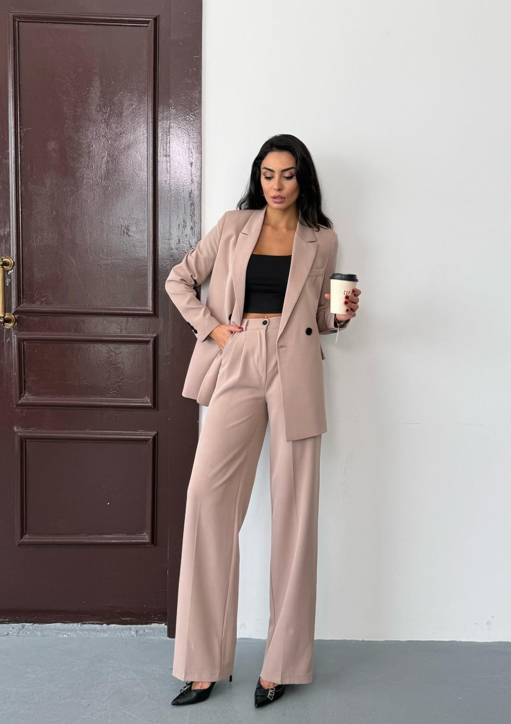Bej Kadın Polly Viscon Takım – 1. Sınıf Kumaş Blazer Ceket & Palazzo Pantolon İkili Takım