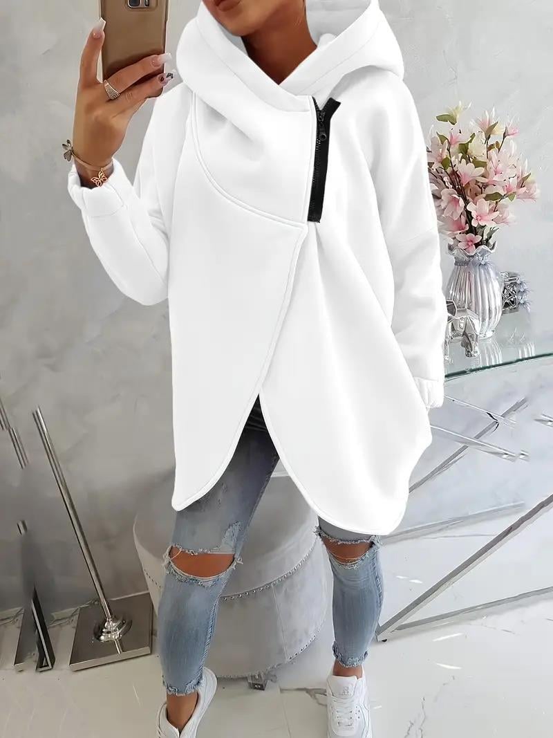 Beyaz Kadın 3 İplik Şardonlu Kapüşonlu Ceket – Asimetrik Fermuarlı Oversize 
