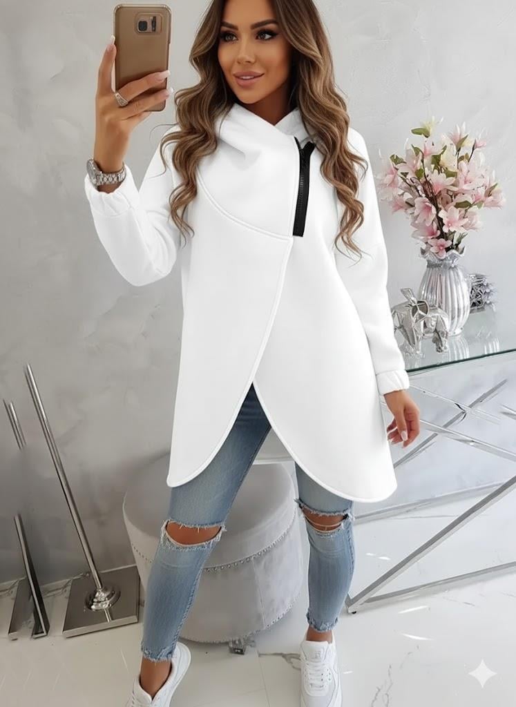 Beyaz Krem Kadın Asimetrik Fermuarlı Oversize Kapüşonlu Sweatshirt – Kalın Kumaş – Rahat Günlük Tarz