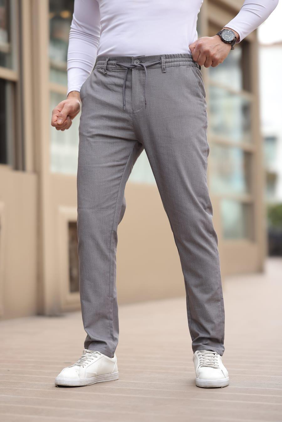 Düğmeli Düz Kumaş Gri Jogger Pantolon
