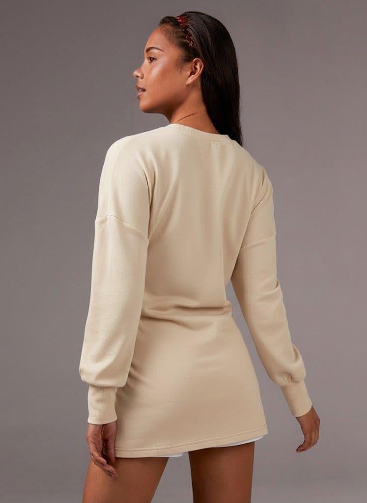 Ekru Beli Ayarlanabilir İpli Uzun Sweatshirt Tunik - Rahat Kalıp Günlük Kadın Üst