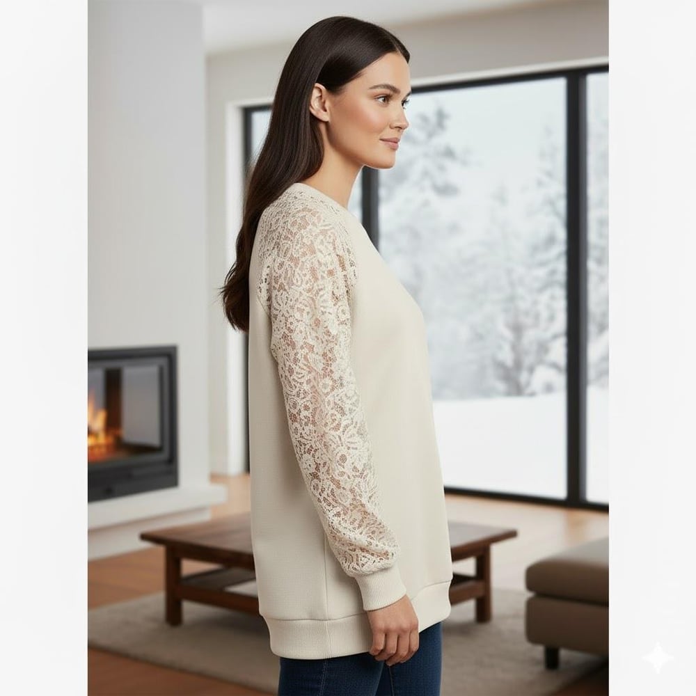 Ekru Dantel Detaylı Sweatshirt – Şık ve Rahat Günlük Kadın Üst – Yumuşak Kumaş