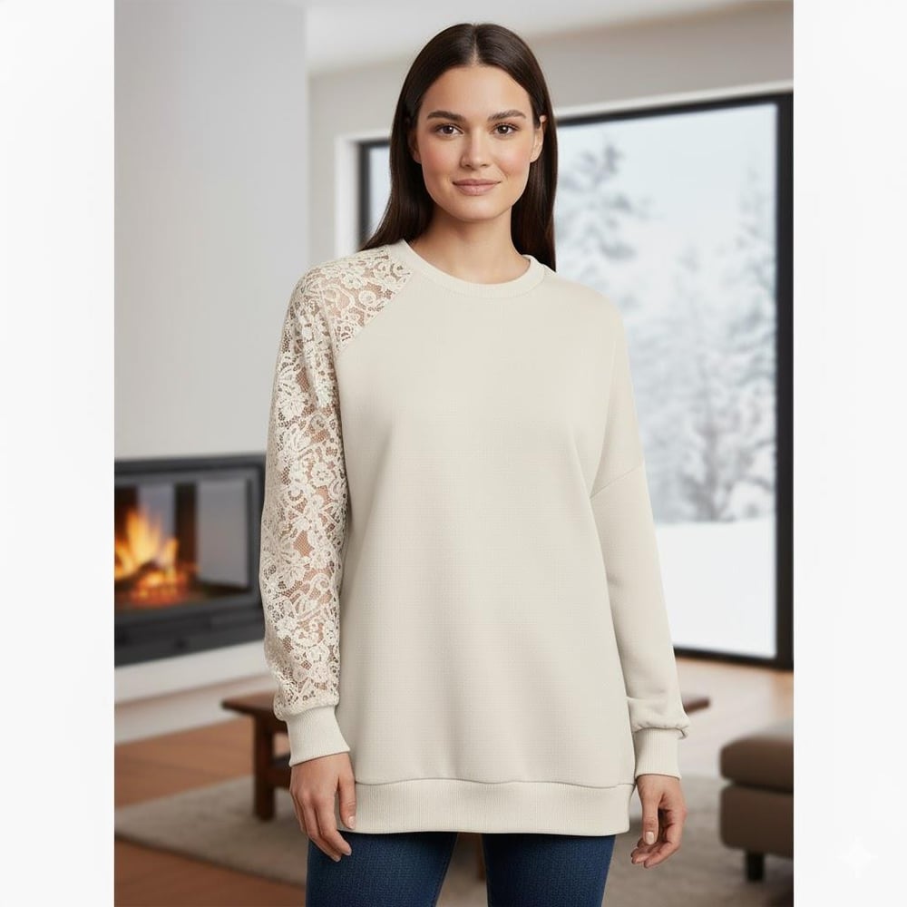 Ekru Dantel Detaylı Sweatshirt – Şık ve Rahat Günlük Kadın Üst – Yumuşak Kumaş