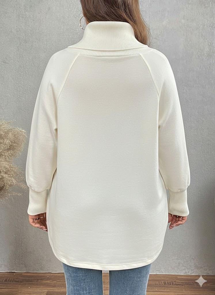 Ekru Kadın Asimetrik Kesim 3 İplik Şardonlu Sweat Ceket – Fermuarlı Yaka, Cepli, Oversize
