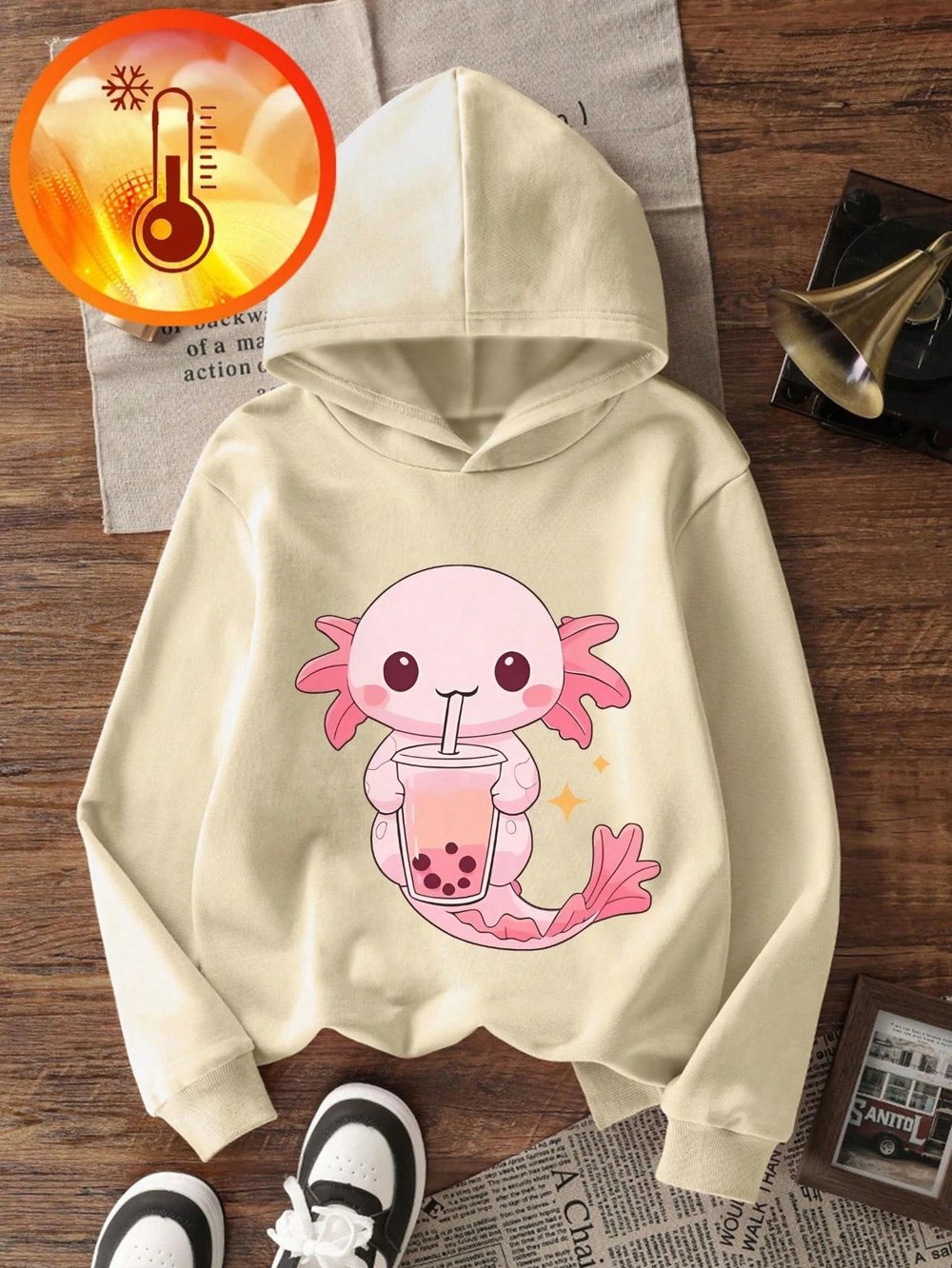 Ekru Sevimli Aksolotl ve Bubble Tea Baskılı Kız Çocuk  Sweatshirt Rahat Kalıp