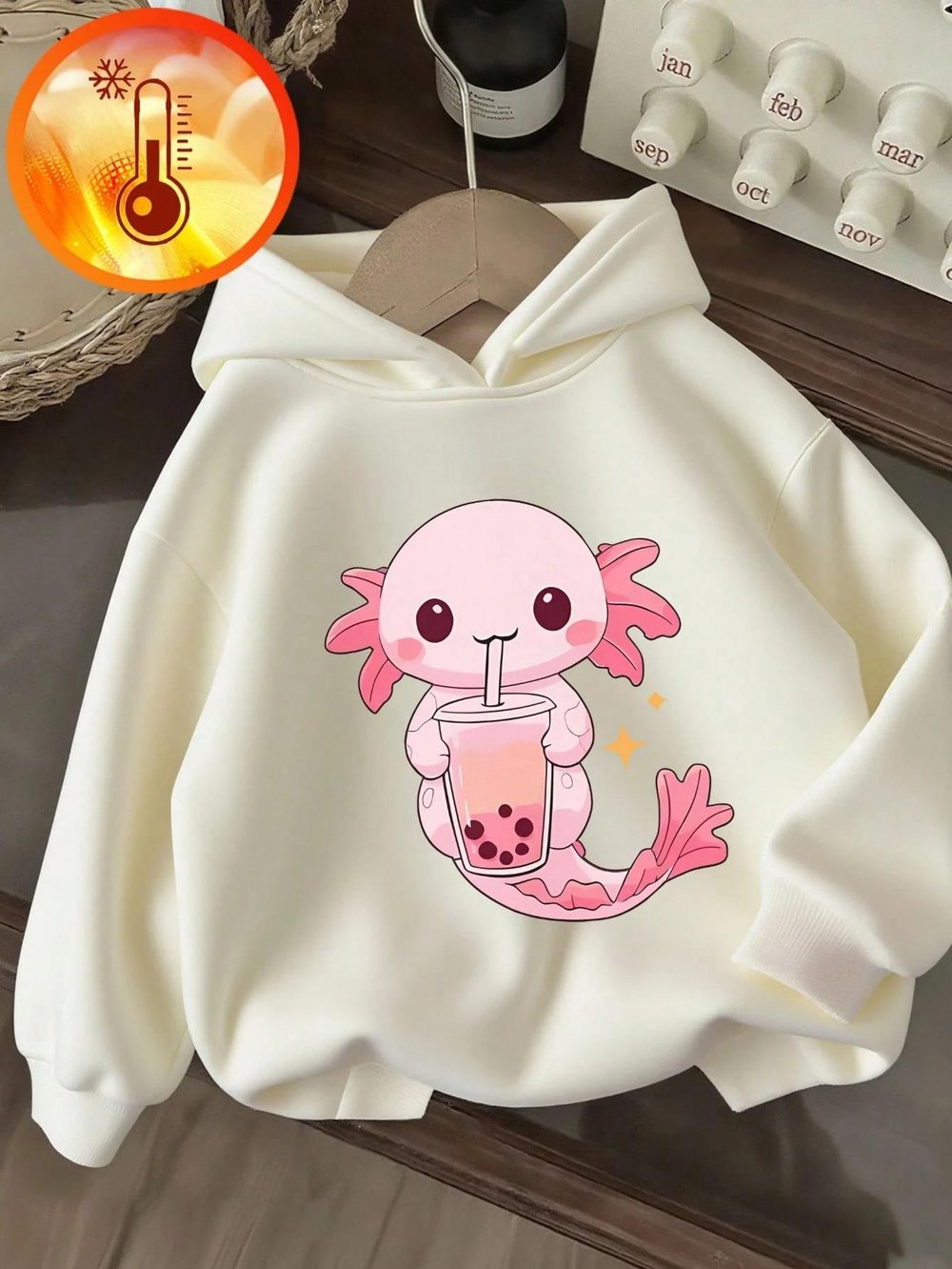 Ekru Sevimli Aksolotl ve Bubble Tea Baskılı Kız Çocuk  Sweatshirt Rahat Kalıp