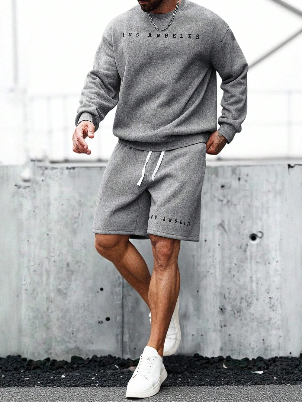 Erkek Gri Los Angeles Baskılı Eşofman Takımı Şortlu – Oversize Sweatshirt & Şort Set